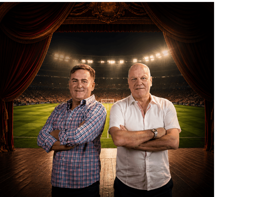 Richard Keys and Andy Gray on a theatre stage overlooking a football stadium